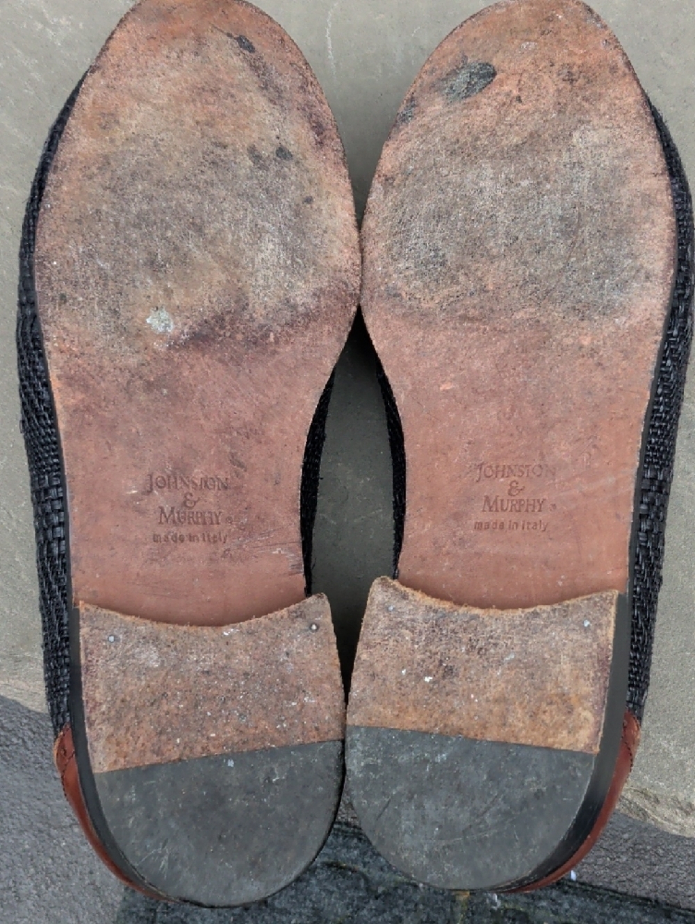 Johnston&Murphy/Made In Italy Men's Brown Leather & Charcoal Woven Penny Loafers - Picture 13 of 14